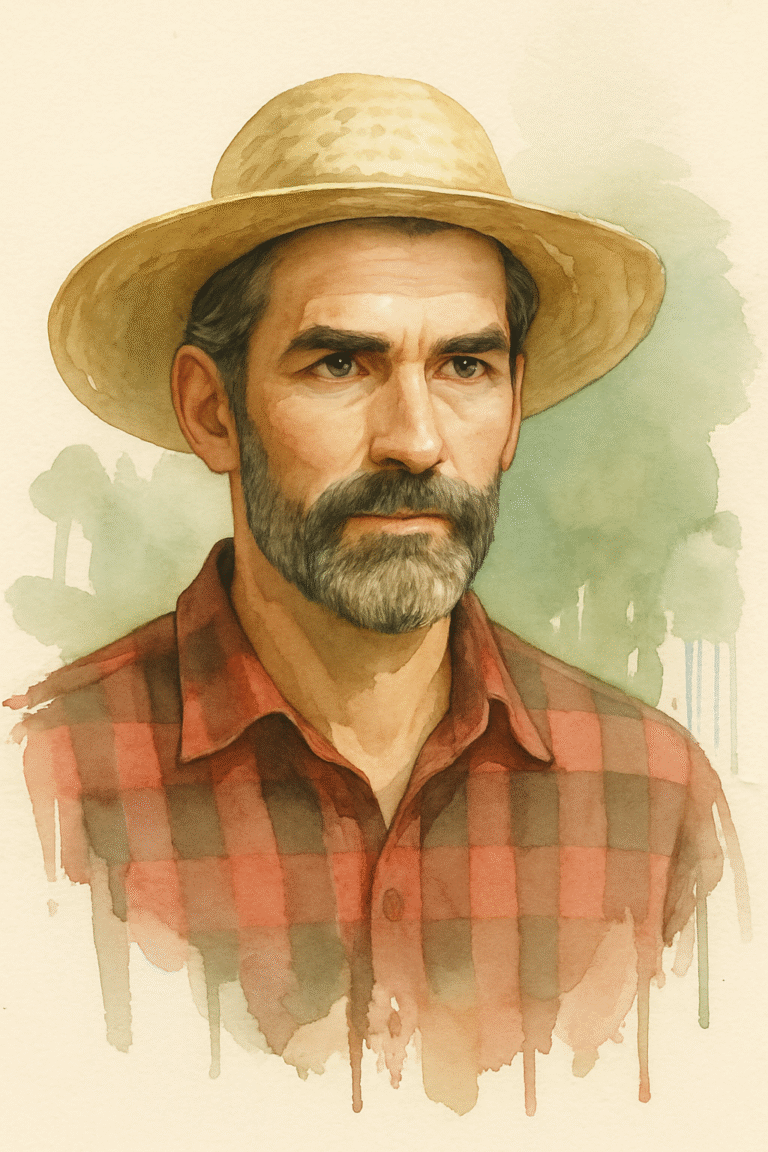 Aquarell eines Gärtners, der ein junges Pflänzchen pflegt