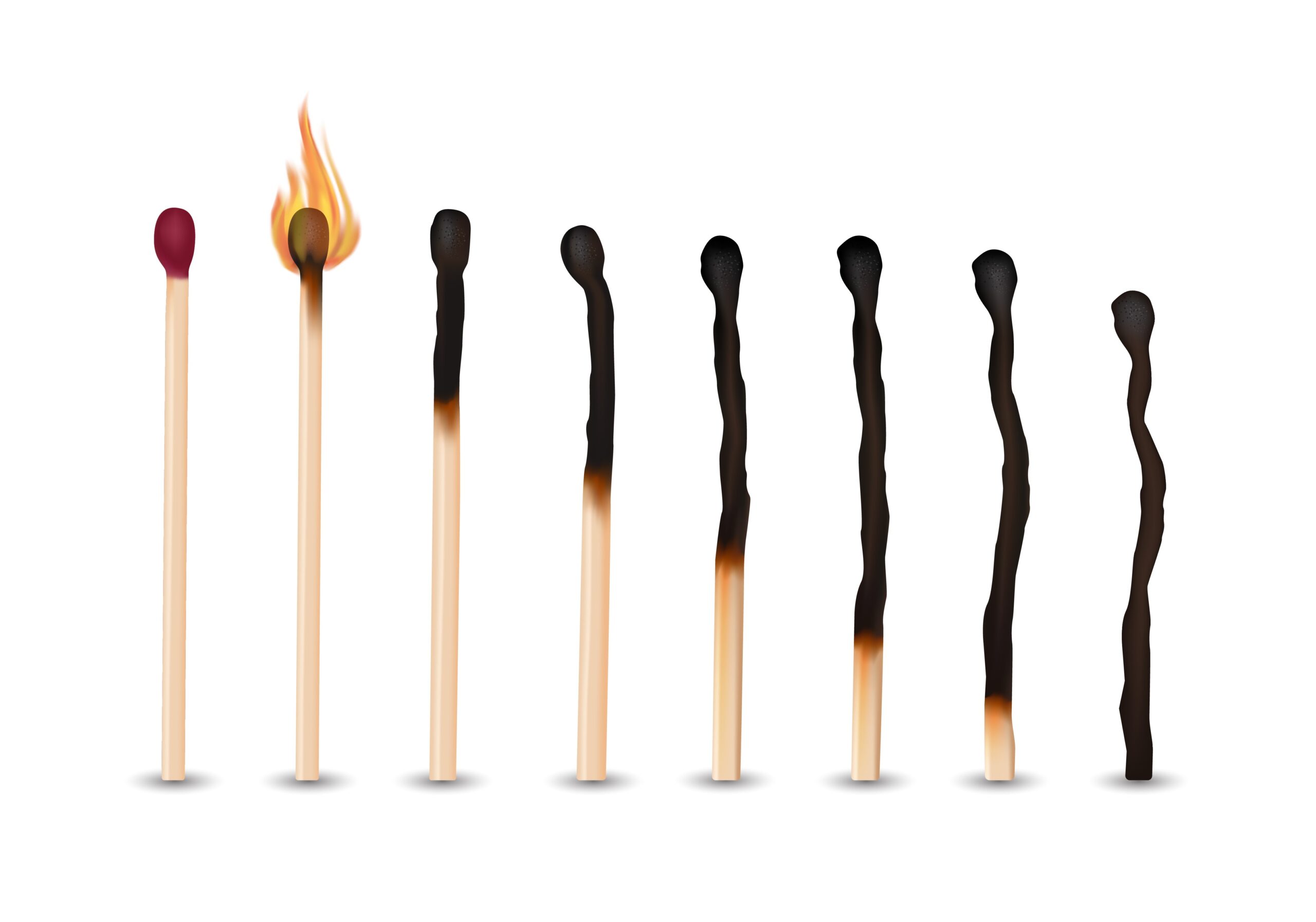 Various stages of matches burning from new to completely burned set isolated on white background realistic vector illustration