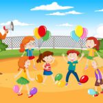 Kids doing physical activity with balloons illustration