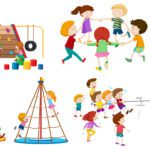 Set of isolated kid at playground illustration