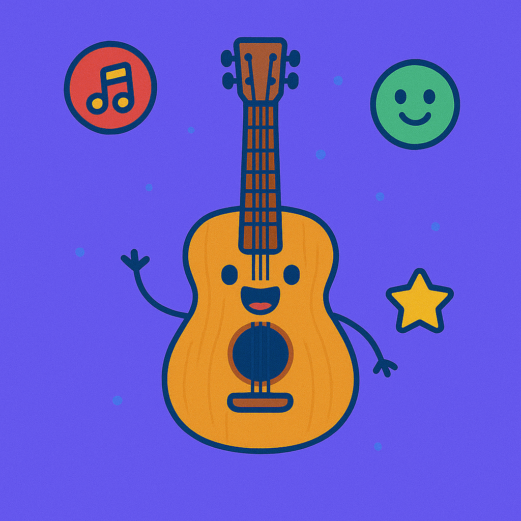 Music Game – Cheerful cartoon guitar with smiling face, colorful music note badge, star, and happy face on a vibrant purple background.