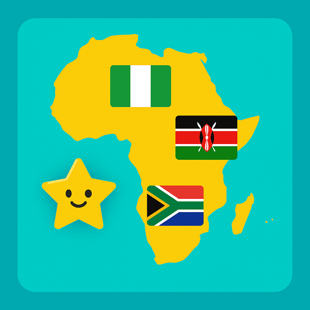 African Flags Quiz – Yellow map of Africa with the flags of Nigeria, Kenya, and South Africa, plus a smiling yellow star on a turquoise background.