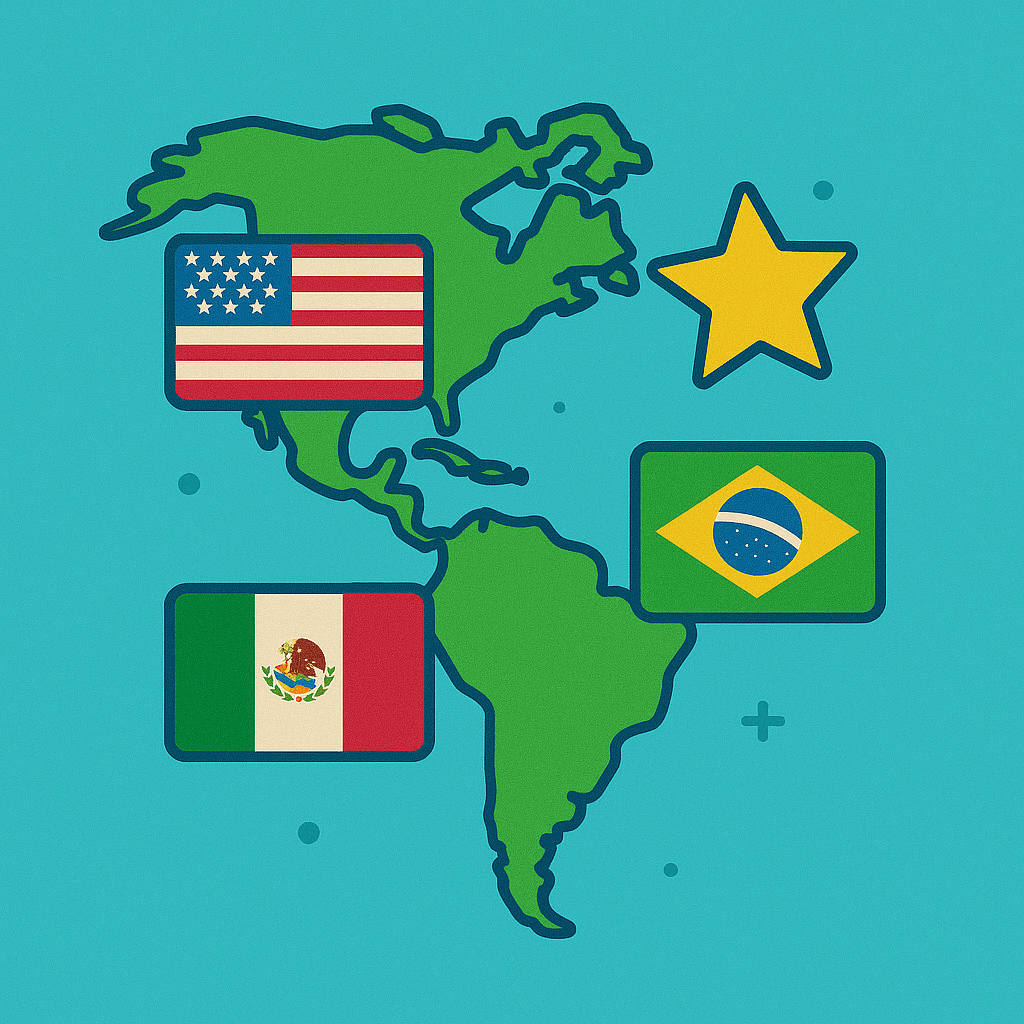 American Continent Flags Quiz – Colorful map of the Americas with US, Mexico, and Brazil flags, and a star on a turquoise background.