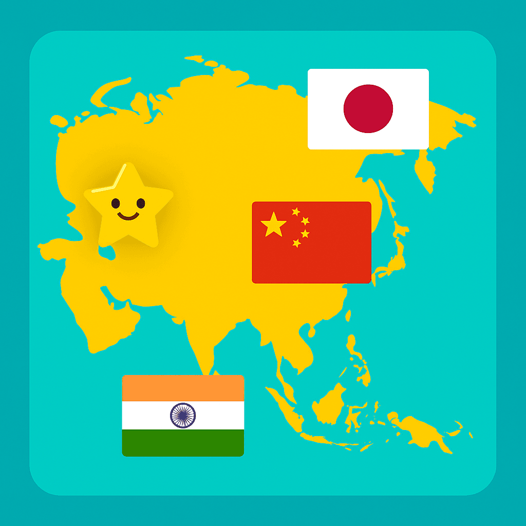 Asian Flags Quiz – Cheerful yellow map of Asia, flags of Japan, China, and India, and a smiling golden star on a turquoise background.