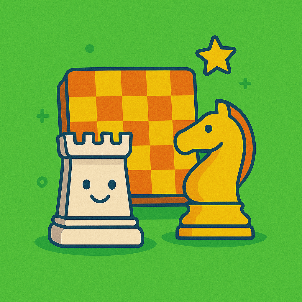 Chess Game – Playful illustration of a smiling white rook and yellow knight on a chessboard, with a star badge on a lively green background.