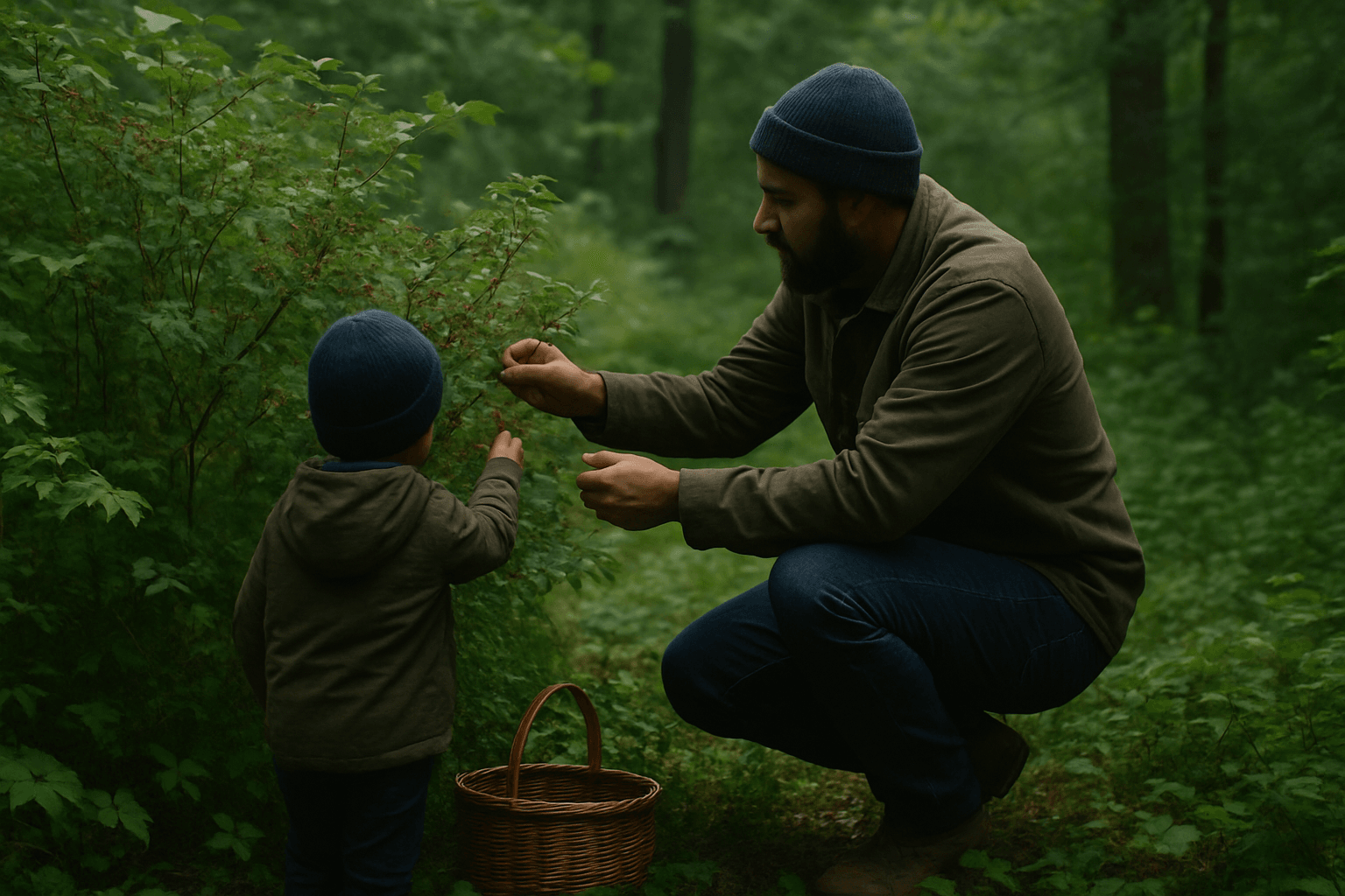 Coaching a child in nature – Collecting fruits in the forest Father coaching child in nature while collecting fruits in the forest.
