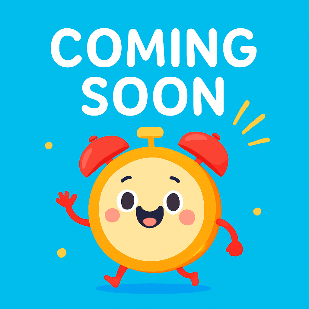 Cute cartoon alarm clock character waving with the text "COMING SOON" above, on a bright blue background.