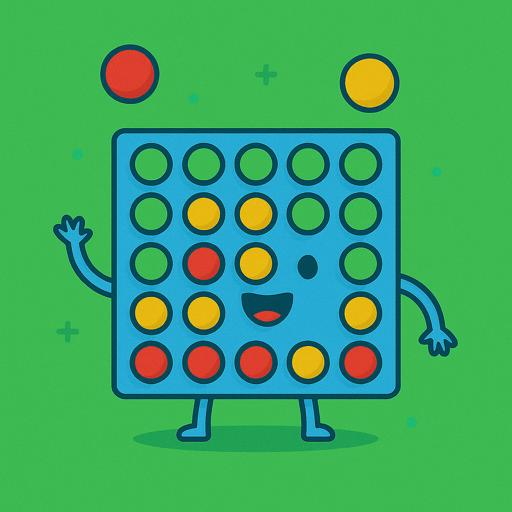 Connect 4 Game – Playful square illustration with a smiling blue Connect Four board, red and yellow chips, on a lively green background.