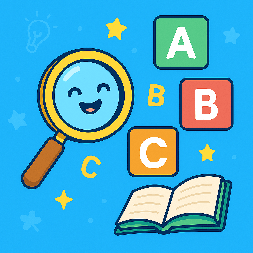 English Alphabet Identification Game – Playful square illustration with A, B, C letter blocks, a smiling magnifying glass, and an open book, on a bright blue background.