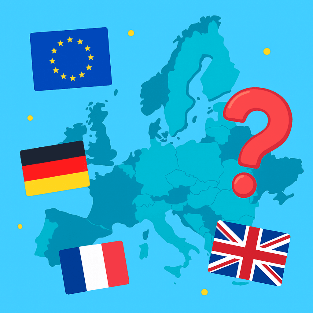 European Flags Quiz illustration showing the map of Europe with flags of the European Union, Germany, France, and the United Kingdom, plus a question mark.