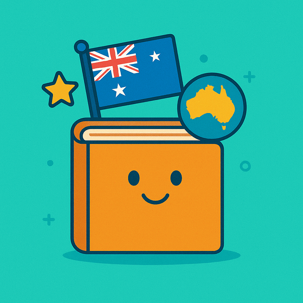 Flags of Oceania and Remote Regions Training – Cheerful orange book, cartoon flag of Australia, gold star, and Australia map badge on a turquoise background.