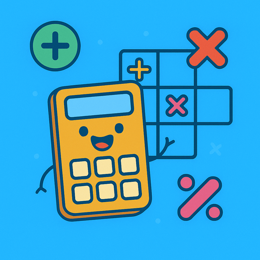 Math Game – Cheerful yellow calculator with math grid, addition, multiplication, and percent symbols on a playful bright blue background.
