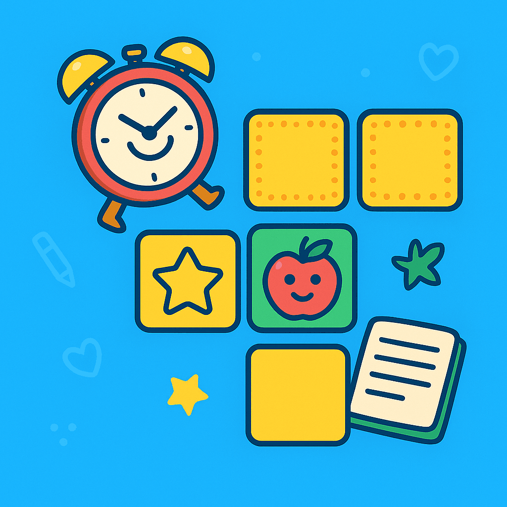Memory Game 4x4 – Fun and colorful square illustration with a smiling clock, a 4x4 memory card grid, playful cards (star, apple), and educational doodles on a bright blue background.
