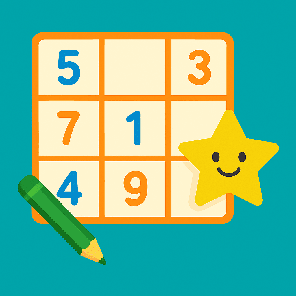 Sudoku Game – Playful illustration of a Sudoku grid with colorful numbers, a green pencil, and a smiling yellow star on a teal background.