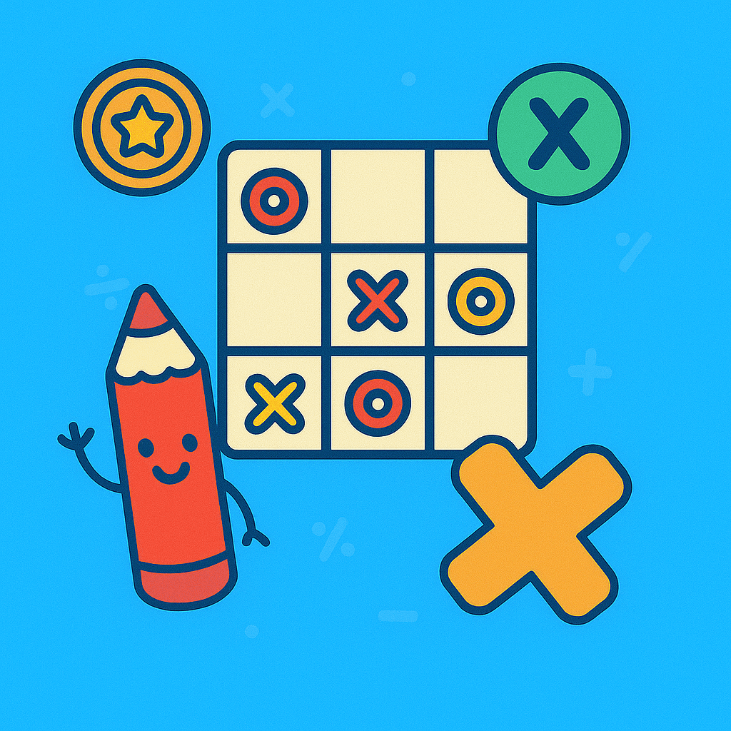 Tic Tac Toe Game – Playful square illustration with a waving red pencil, yellow 3x3 Tic Tac Toe grid, colorful X and O pieces, and star badges on a bright blue background.